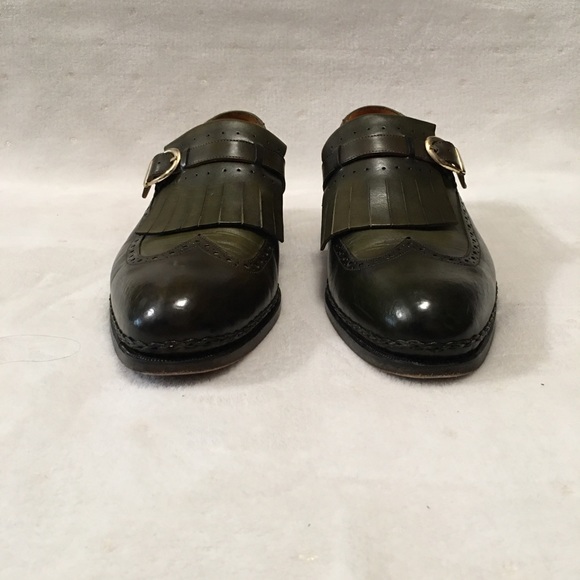 Paul Parkman Green Leather Wingtip Monkstrap Shoes - Picture 5 of 13